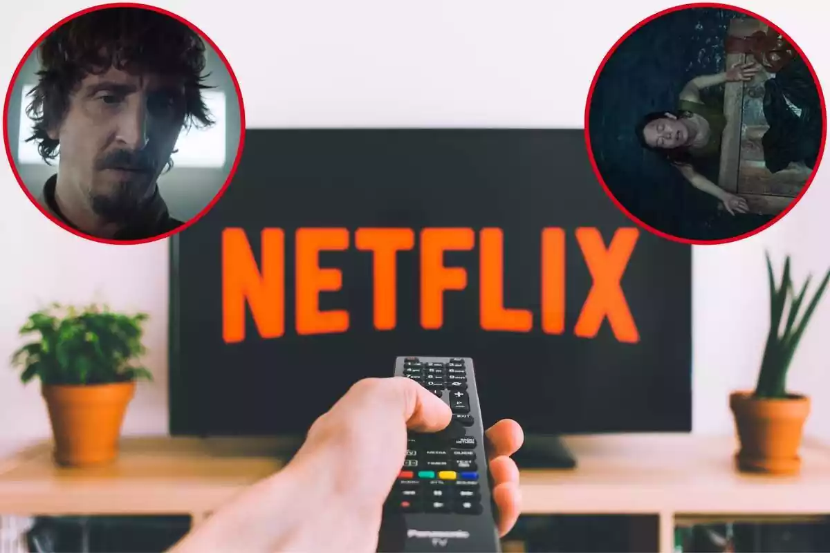 Montaje de mano con mando a distancia poniendo Netflix en la televisión y círculos con fotogramas de las películas 'El Hoyo' y 'Nowhere'