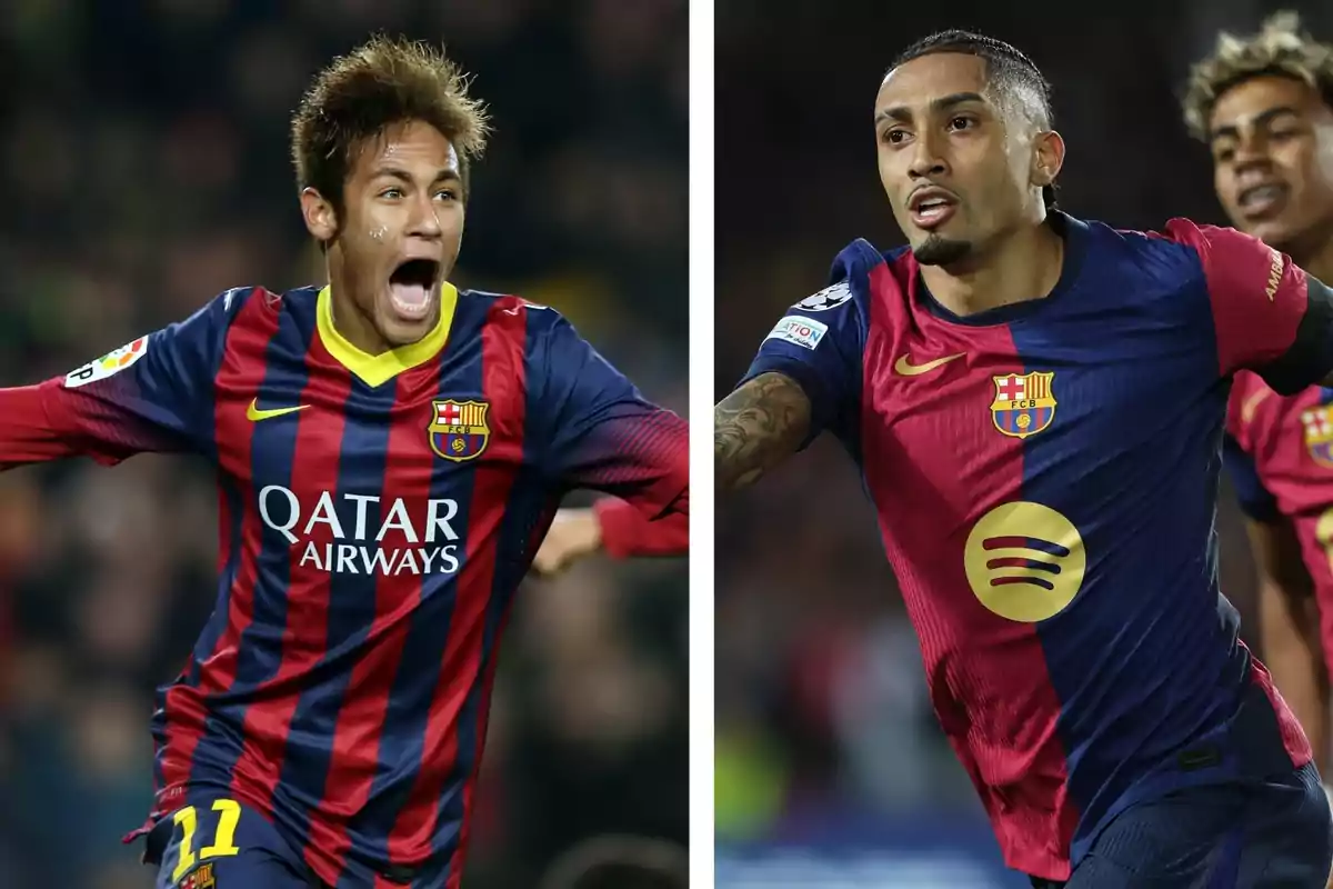 Dos futbolistas del FC Barcelona celebrando en el campo con uniformes de diferentes temporadas. Dos futbolistas del FC Barcelona celebrando en el campo con uniformes de diferentes temporadas.