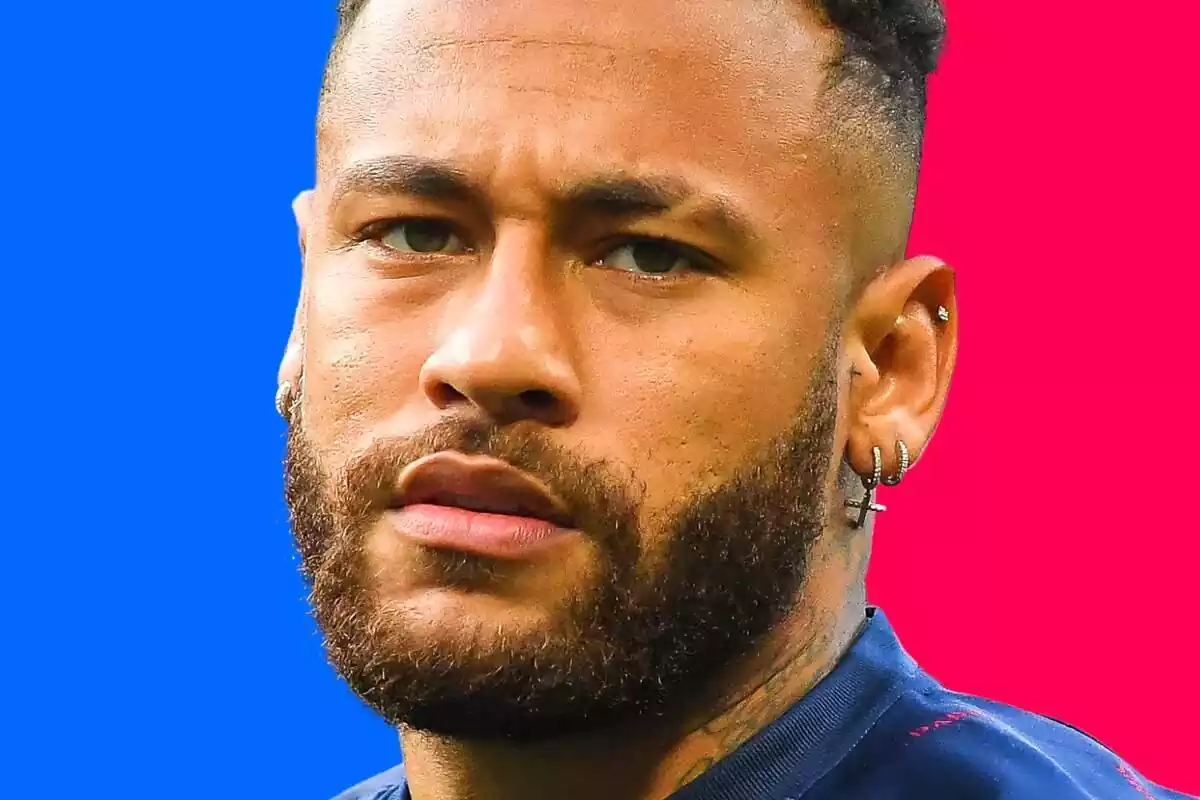 Neymar mirando al frente sobre un fondo azul y rojo