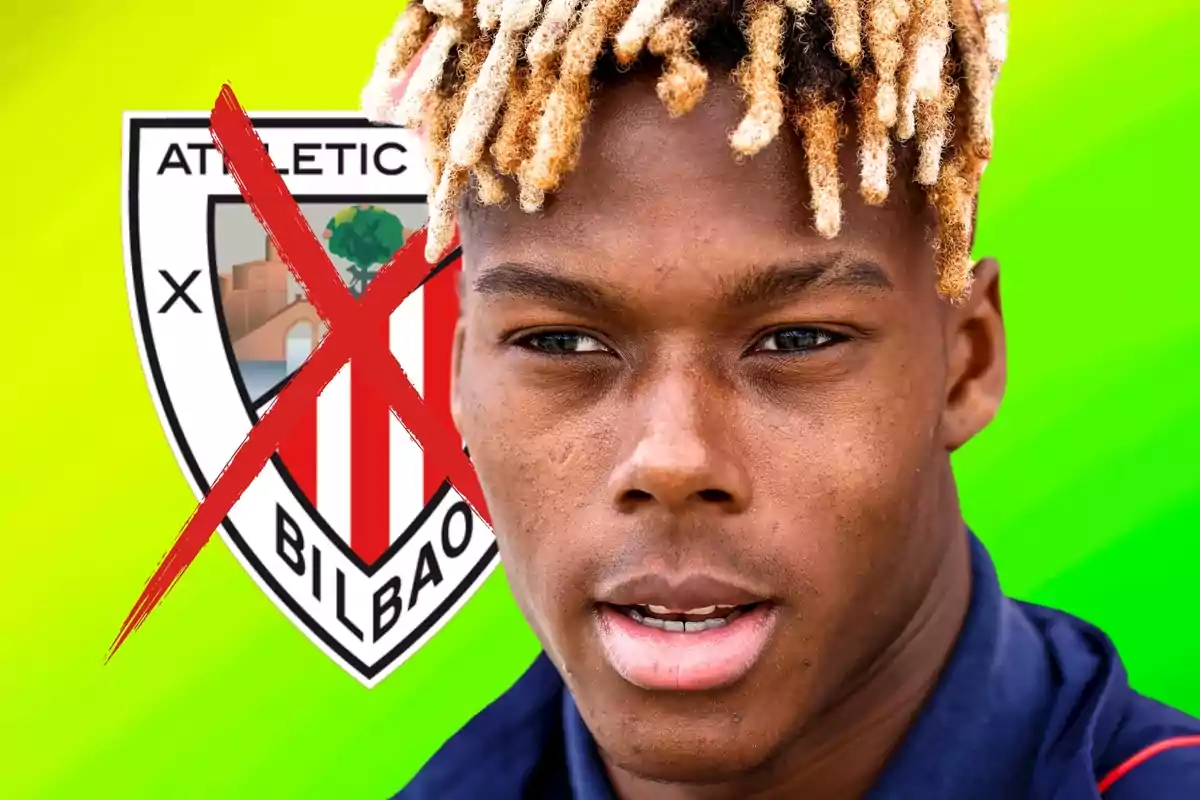 Un joven con cabello rubio y rizado aparece en primer plano con un fondo verde y el escudo del Athletic Club de Bilbao tachado en rojo.