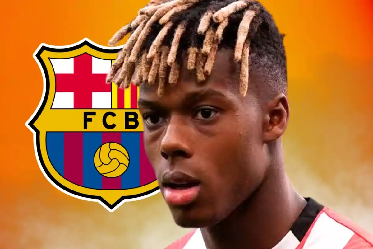 Un jugador de fútbol con el escudo del FC Barcelona de fondo.