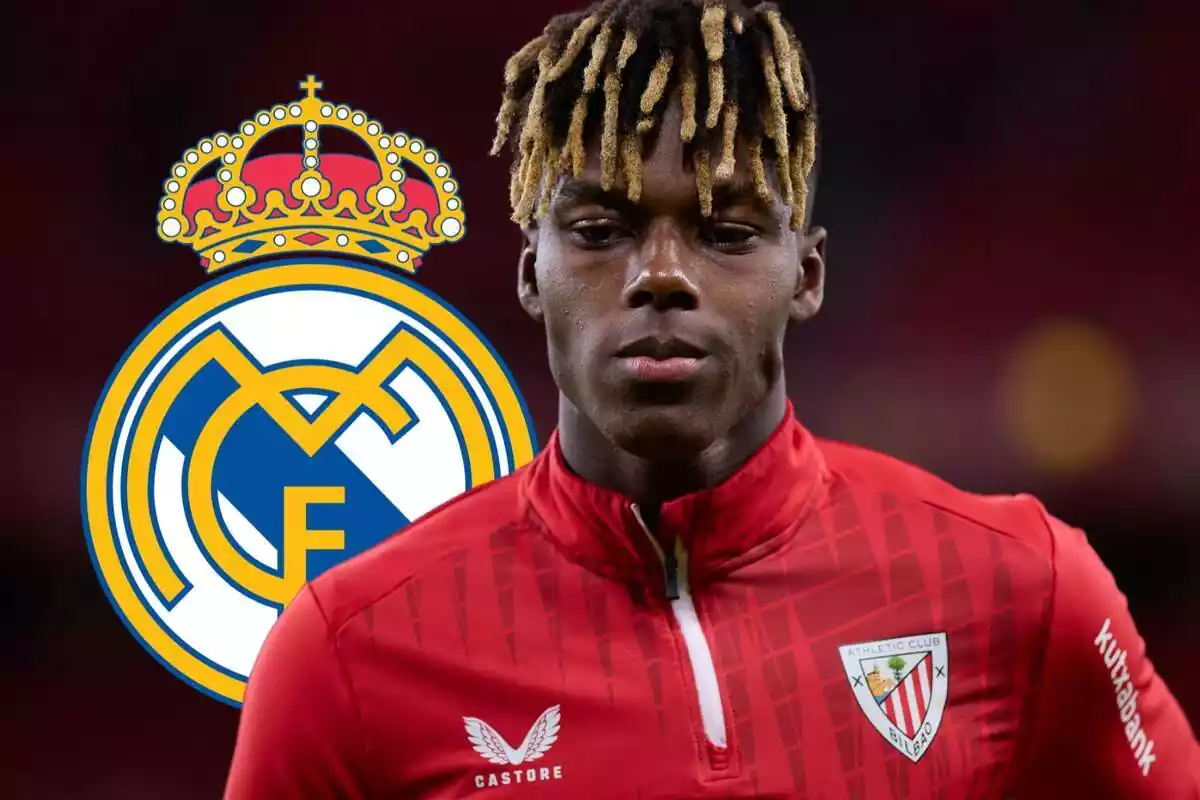 Nico Williams con la camiseta de calentamiento del Athletic Club y un escudo del Real Madrid a su lado