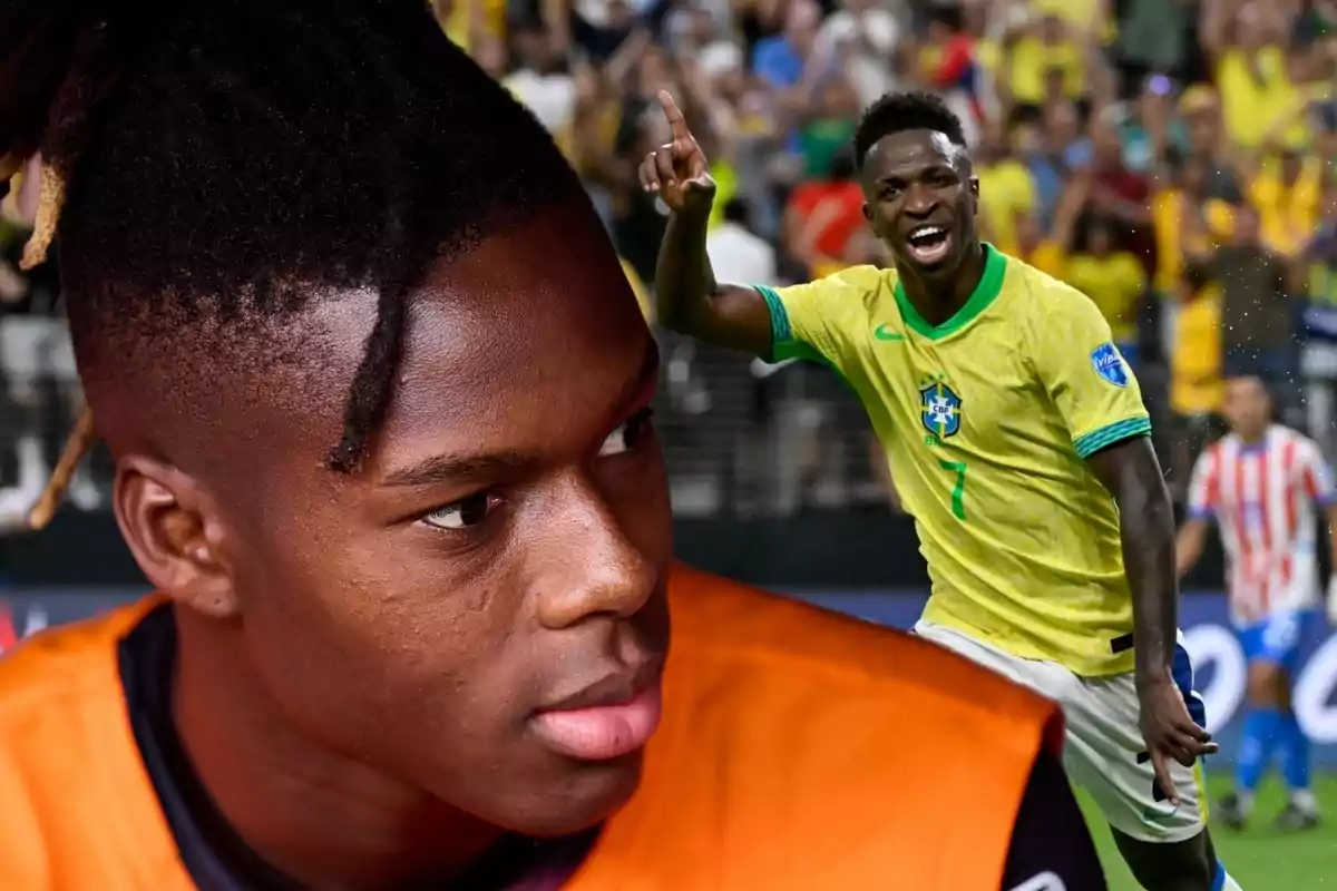 Un jugador de fútbol con uniforme amarillo celebra en el campo mientras otro jugador aparece en primer plano con una expresión seria.