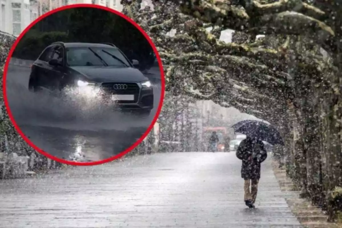 Imagen de fondo de una persona caminando bajo la nieve con un paraguas en una ciudad y otra de un coche pasando por un charco