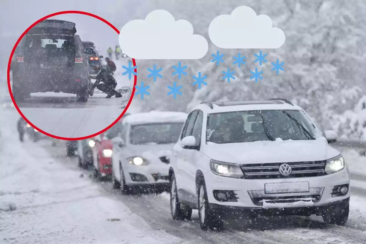 Imagen de varios vehículo circulando por una carretera nevada, mientras nieva, y otra de un coche parado con un hombre poniendo cadenas bajo la nieve, además de dos emoticonos de nubes con nieve