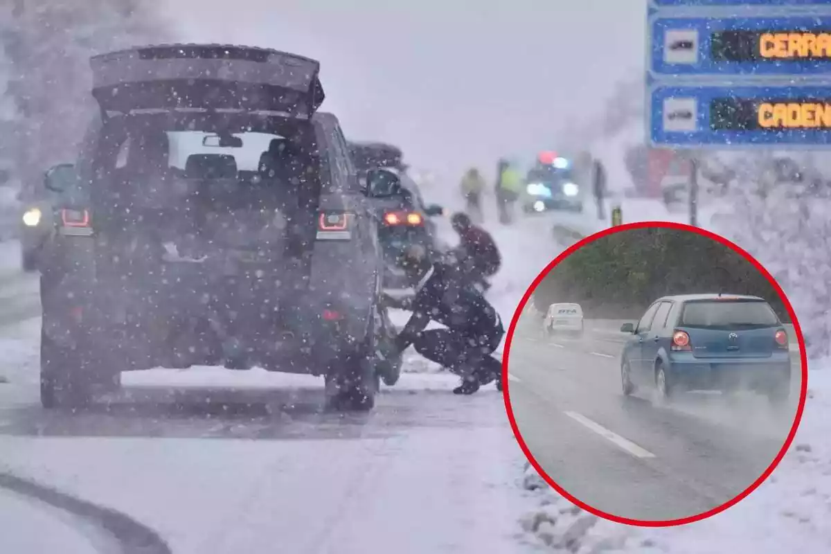 Imagen de fondo de un coche parado en una carretera con nieve y otra de un coche circulando con lluvia