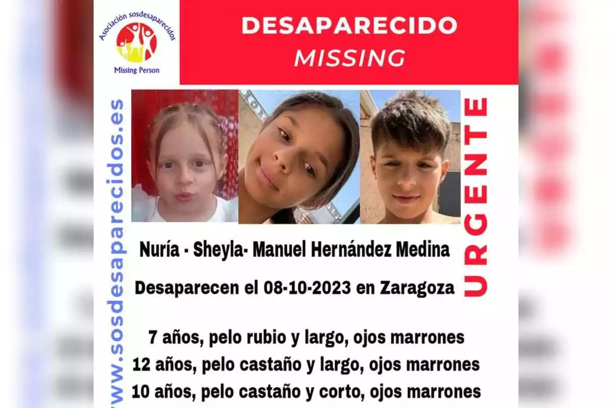 Cartel de desaparición de tres niños en Zaragoza