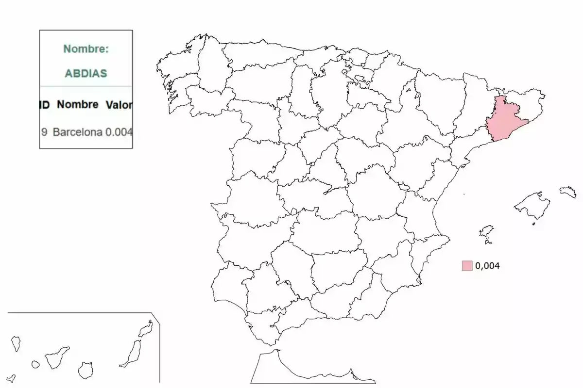 Mapa de España con las provincias delimitadas y Cataluña resaltada en color rosa, acompañado de un recuadro que muestra el nombre Mapa de España con las provincias delimitadas y Cataluña resaltada en color rosa, acompañado de un recuadro que muestra el nombre