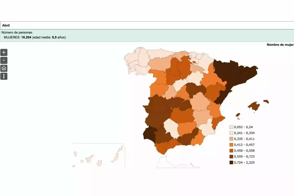 Mapa de España que muestra la distribución del nombre de mujeres en diferentes provincias, con una leyenda de colores que indica la densidad de personas con ese nombre en cada región. Mapa de España que muestra la distribución del nombre de mujeres en diferentes provincias, con una leyenda de colores que indica la densidad de personas con ese nombre en cada región.