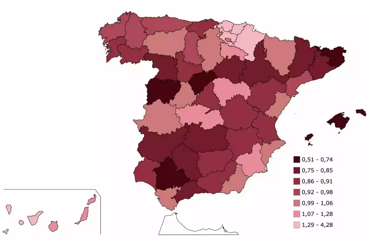 Mapa de España con las provincias coloreadas en diferentes tonos de rojo según un rango de valores que va de 0,51 a 4,28. Mapa de España con las provincias coloreadas en diferentes tonos de rojo según un rango de valores que va de 0,51 a 4,28.