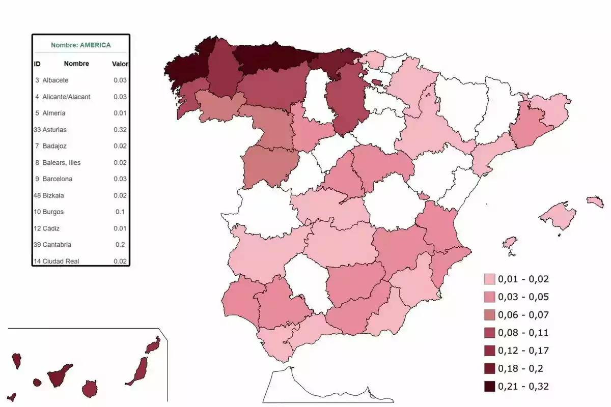 Mapa de España con provincias coloreadas según un rango de valores, donde Asturias tiene el valor más alto de 0.32, y una leyenda que indica los rangos de color de 0.01 a 0.32. Mapa de España con provincias coloreadas según un rango de valores, donde Asturias tiene el valor más alto de 0.32, y una leyenda que indica los rangos de color de 0.01 a 0.32.