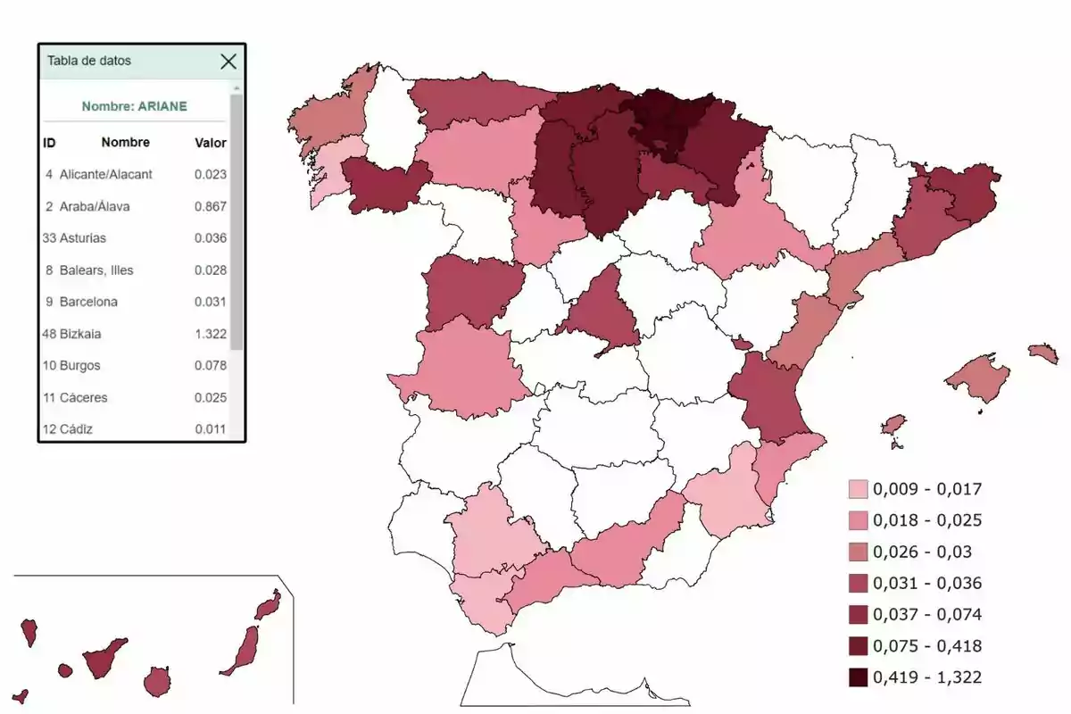 Mapa de España que muestra la distribución de valores por provincias en diferentes tonos de rojo según una escala de intensidad, acompañado de una tabla de datos con nombres y valores correspondientes a algunas provincias. Mapa de España que muestra la distribución de valores por provincias en diferentes tonos de rojo según una escala de intensidad, acompañado de una tabla de datos con nombres y valores correspondientes a algunas provincias.