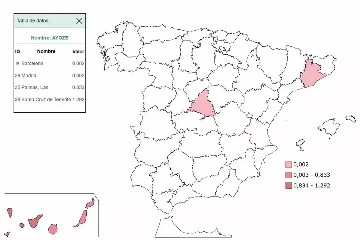 Mapa de España con provincias resaltadas en diferentes tonos de rosa según valores numéricos, acompañado de una tabla de datos que muestra nombres de ciudades y sus respectivos valores. Mapa de España con provincias resaltadas en diferentes tonos de rosa según valores numéricos, acompañado de una tabla de datos que muestra nombres de ciudades y sus respectivos valores.