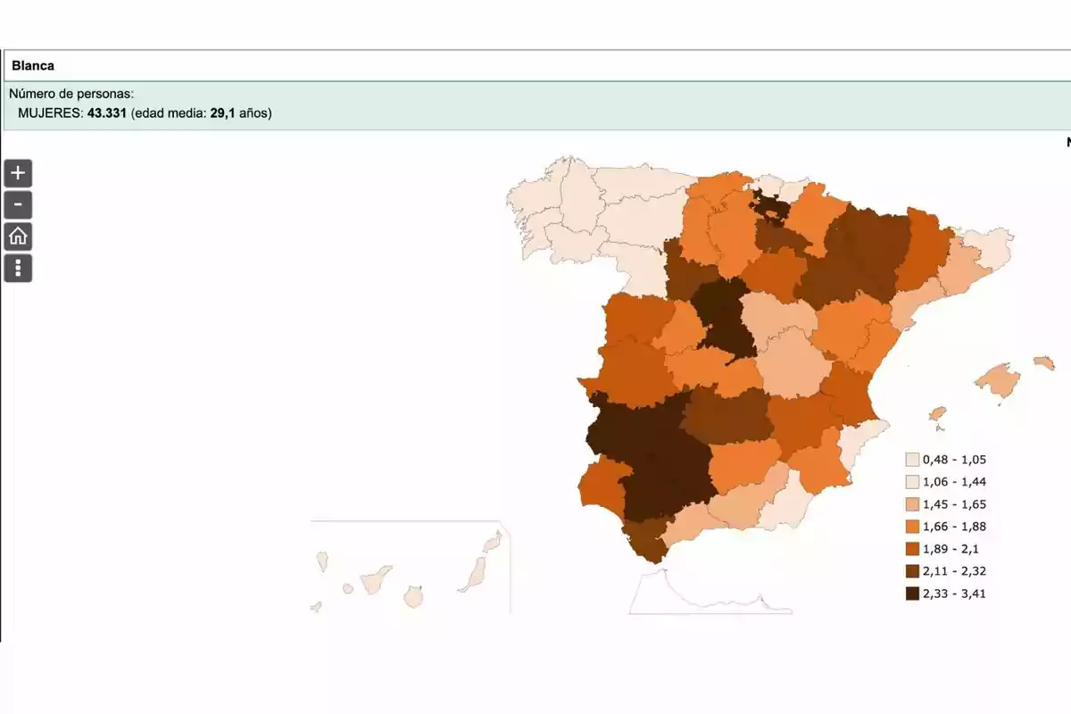 Mapa de España que muestra la distribución de mujeres con el nombre Mapa de España que muestra la distribución de mujeres con el nombre