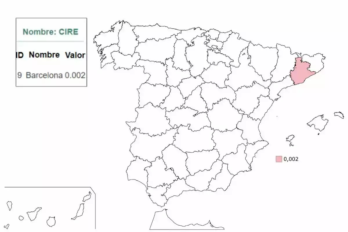 Mapa de España con las provincias delimitadas, destacando Barcelona en color rosa claro con un valor de 0.002, acompañado de un recuadro que muestra el nombre Mapa de España con las provincias delimitadas, destacando Barcelona en color rosa claro con un valor de 0.002, acompañado de un recuadro que muestra el nombre