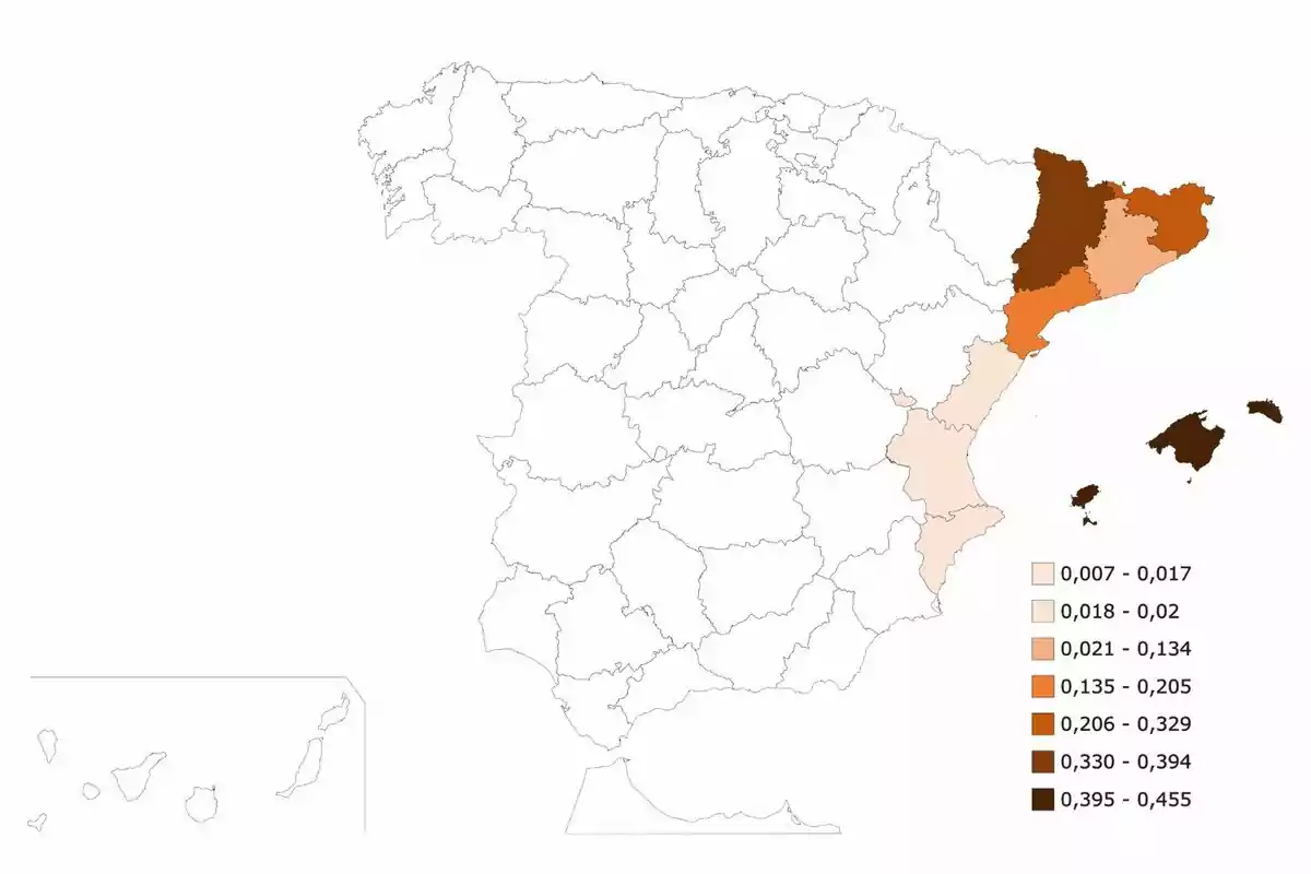 Mapa de España que muestra la densidad de hablantes de catalán por provincias, con una escala de colores que va del beige claro al marrón oscuro. Mapa de España que muestra la densidad de hablantes de catalán por provincias, con una escala de colores que va del beige claro al marrón oscuro.