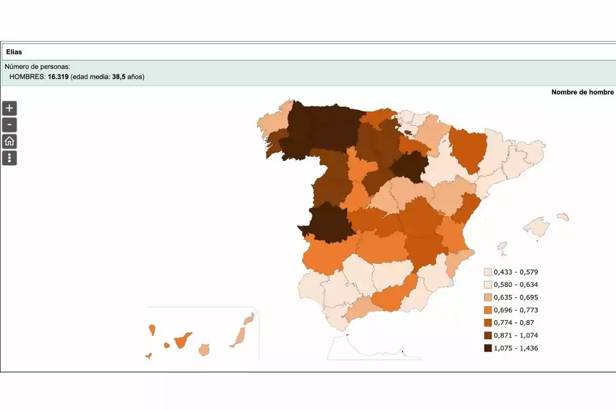 Mapa de España mostrando la distribución del nombre Mapa de España mostrando la distribución del nombre