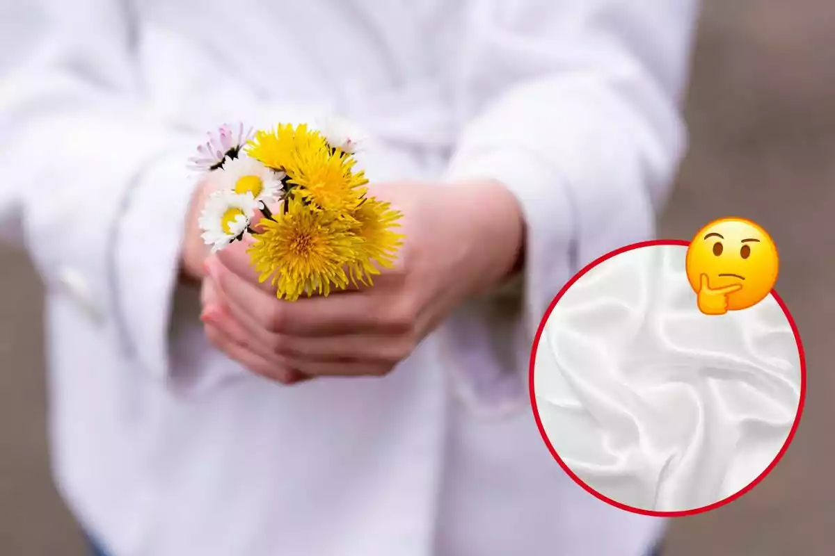 Una persona sosteniendo un ramo de flores amarillas y blancas con un círculo rojo que contiene una tela blanca y un emoji pensativo. Una persona sosteniendo un ramo de flores amarillas y blancas con un círculo rojo que contiene una tela blanca y un emoji pensativo.