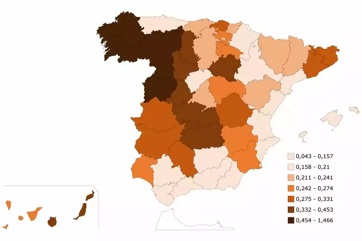 Mapa de España que muestra la densidad de población por provincias utilizando una escala de colores que va del beige claro al marrón oscuro. Mapa de España que muestra la densidad de población por provincias utilizando una escala de colores que va del beige claro al marrón oscuro.
