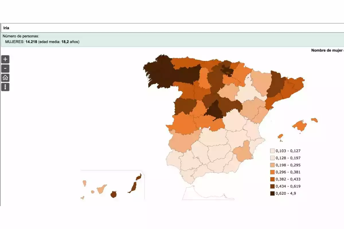 Mapa de España que muestra la distribución del nombre de mujer Mapa de España que muestra la distribución del nombre de mujer