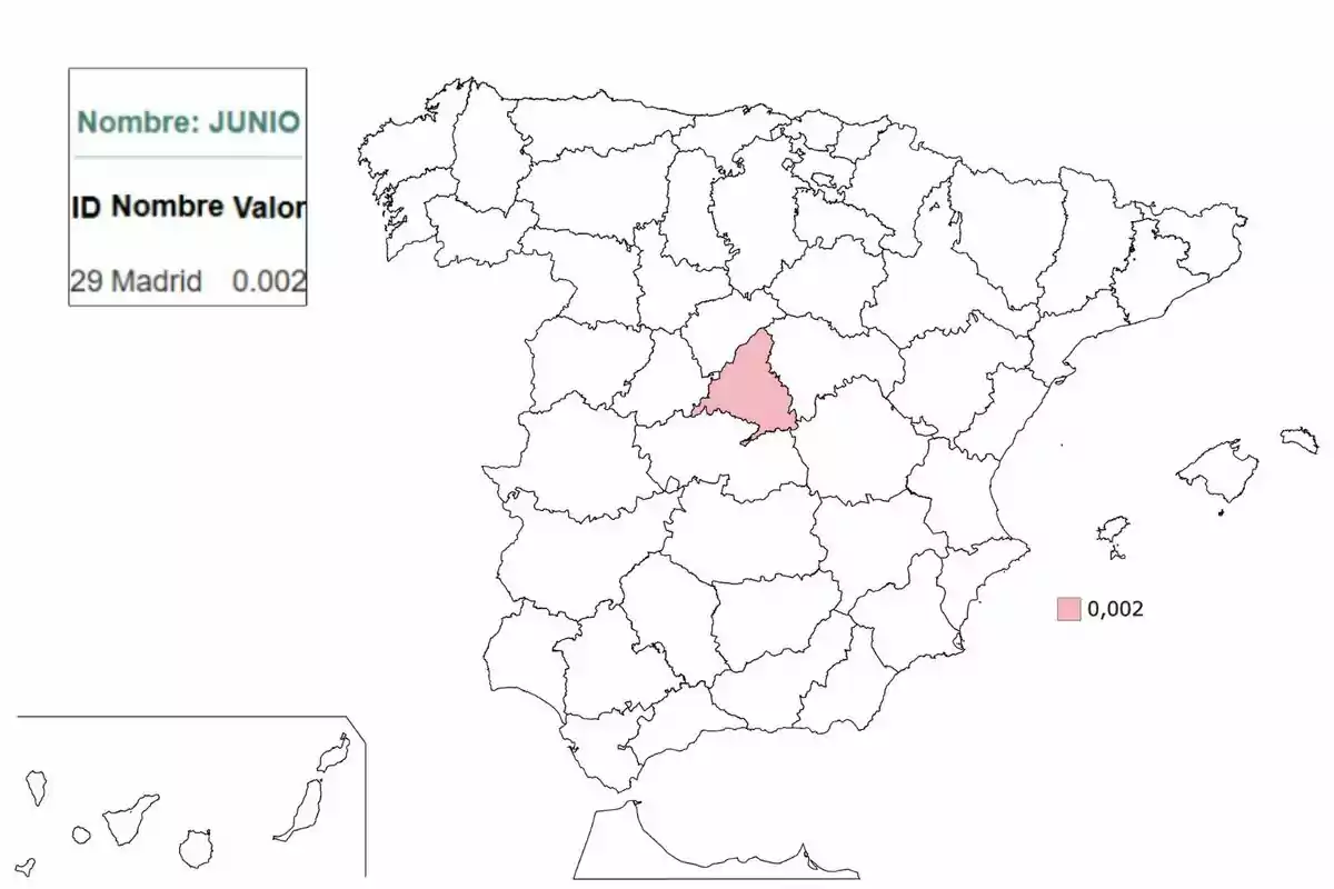 Mapa de España con la Comunidad de Madrid resaltada en rosa y un recuadro que muestra el texto Mapa de España con la Comunidad de Madrid resaltada en rosa y un recuadro que muestra el texto
