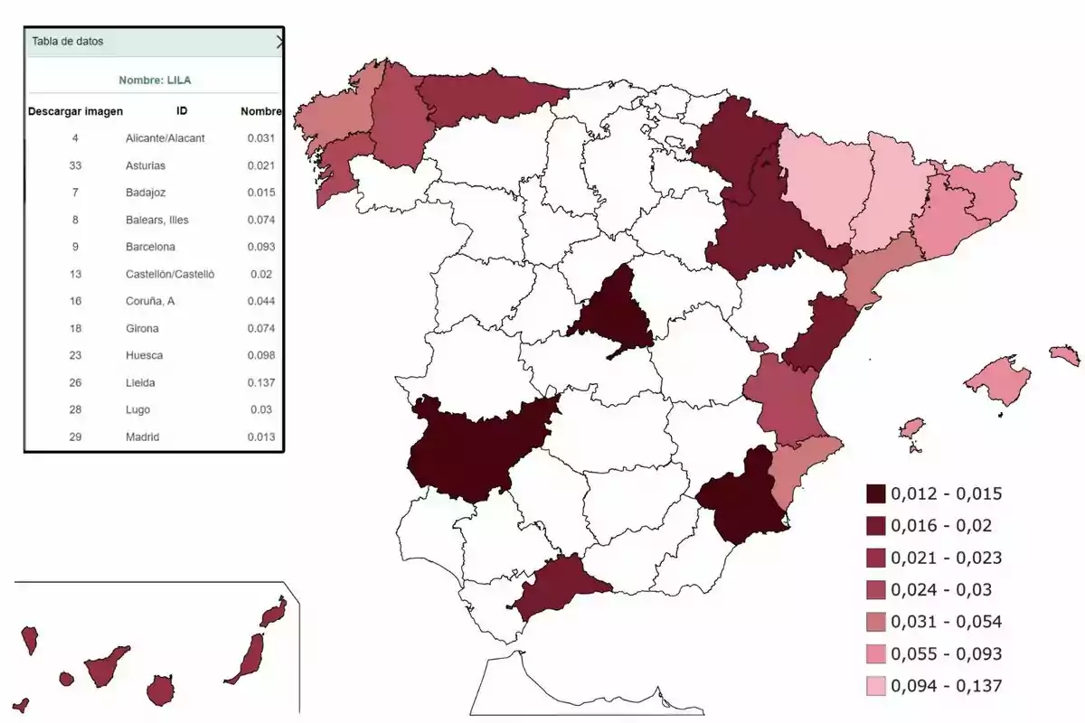 Mapa de España con una tabla de datos a la izquierda que muestra diferentes provincias y sus respectivos valores numéricos. Las provincias están coloreadas en diferentes tonos de rosa y rojo según los valores indicados en la leyenda, que varían de 0.012 a 0.137. Mapa de España con una tabla de datos a la izquierda que muestra diferentes provincias y sus respectivos valores numéricos. Las provincias están coloreadas en diferentes tonos de rosa y rojo según los valores indicados en la leyenda, que varían de 0.012 a 0.137.