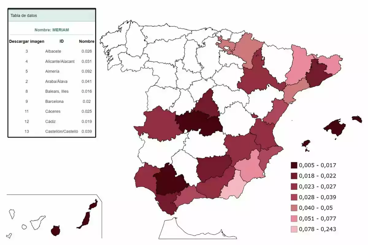 Mapa de España con una tabla de datos a la izquierda que muestra diferentes provincias y sus valores asociados, con una leyenda de colores que indica rangos de valores. Mapa de España con una tabla de datos a la izquierda que muestra diferentes provincias y sus valores asociados, con una leyenda de colores que indica rangos de valores.