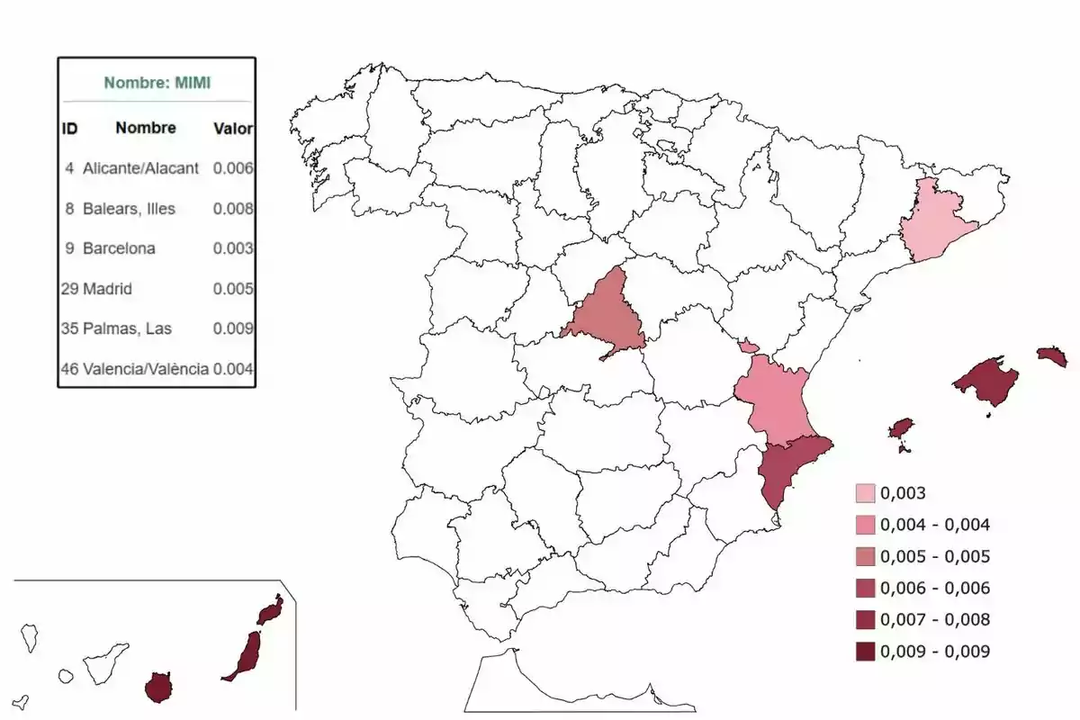 Mapa de España con provincias coloreadas según valores de un índice llamado MIMI; incluye una leyenda de colores y una tabla con IDs, nombres y valores de las provincias: Alicante/Alacant (0.006), Balears, Illes (0.008), Barcelona (0.003), Madrid (0.005), Palmas, Las (0.009), Valencia/València (0.004). Mapa de España con provincias coloreadas según valores de un índice llamado MIMI; incluye una leyenda de colores y una tabla con IDs, nombres y valores de las provincias: Alicante/Alacant (0.006), Balears, Illes (0.008), Barcelona (0.003), Madrid (0.005), Palmas, Las (0.009), Valencia/València (0.004).