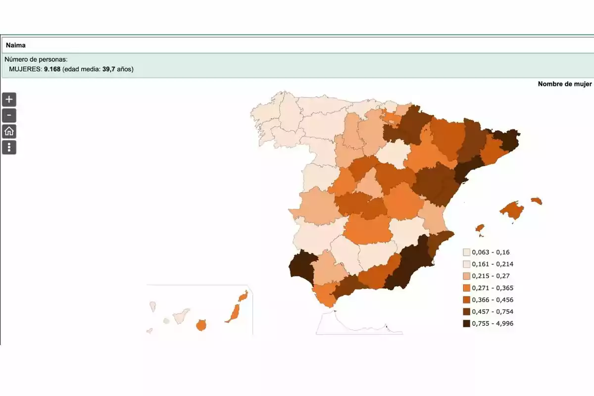 Mapa de España que muestra la distribución del nombre de mujer Mapa de España que muestra la distribución del nombre de mujer