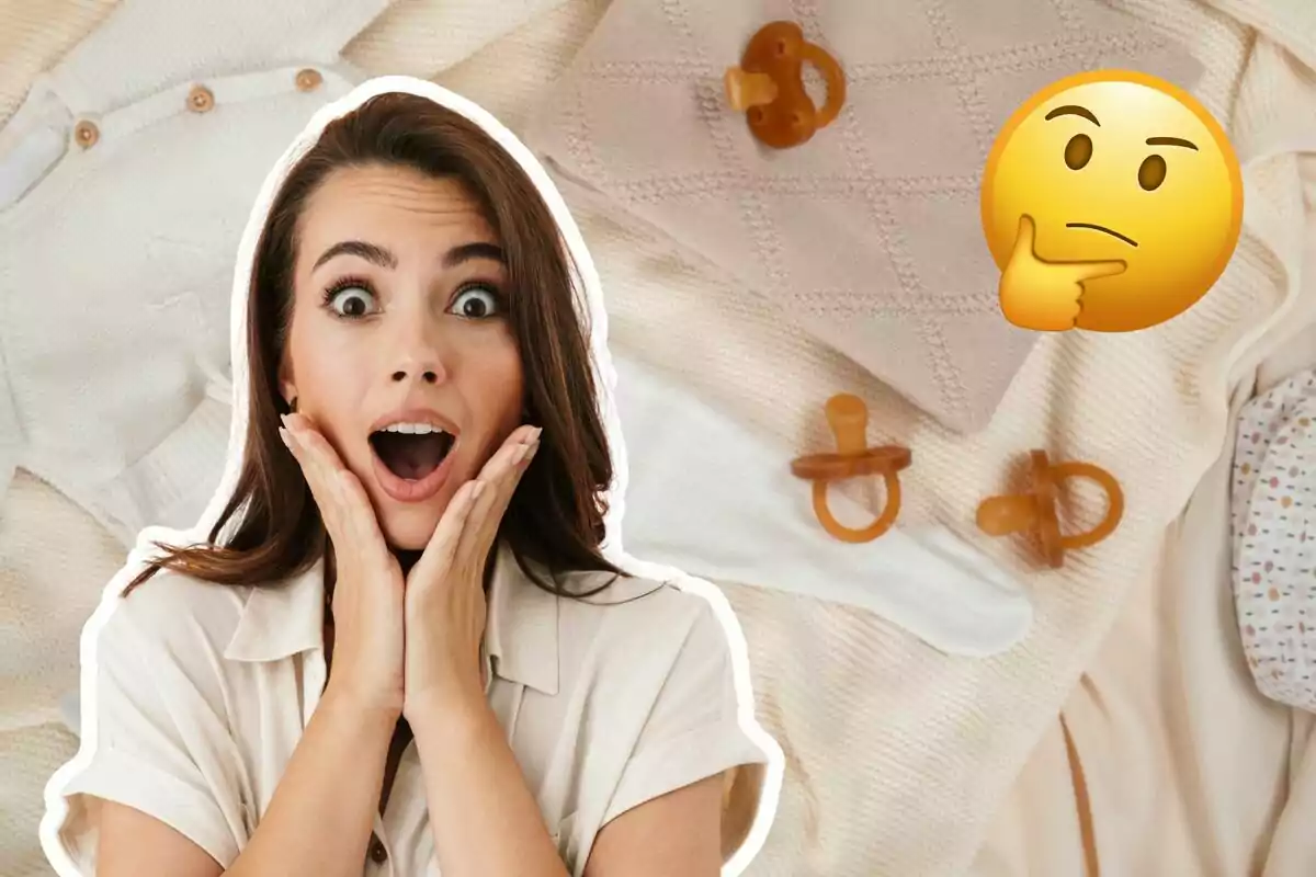 Mujer sorprendida con las manos en las mejillas sobre un fondo de ropa de bebé y chupetes, junto a un emoji pensativo.