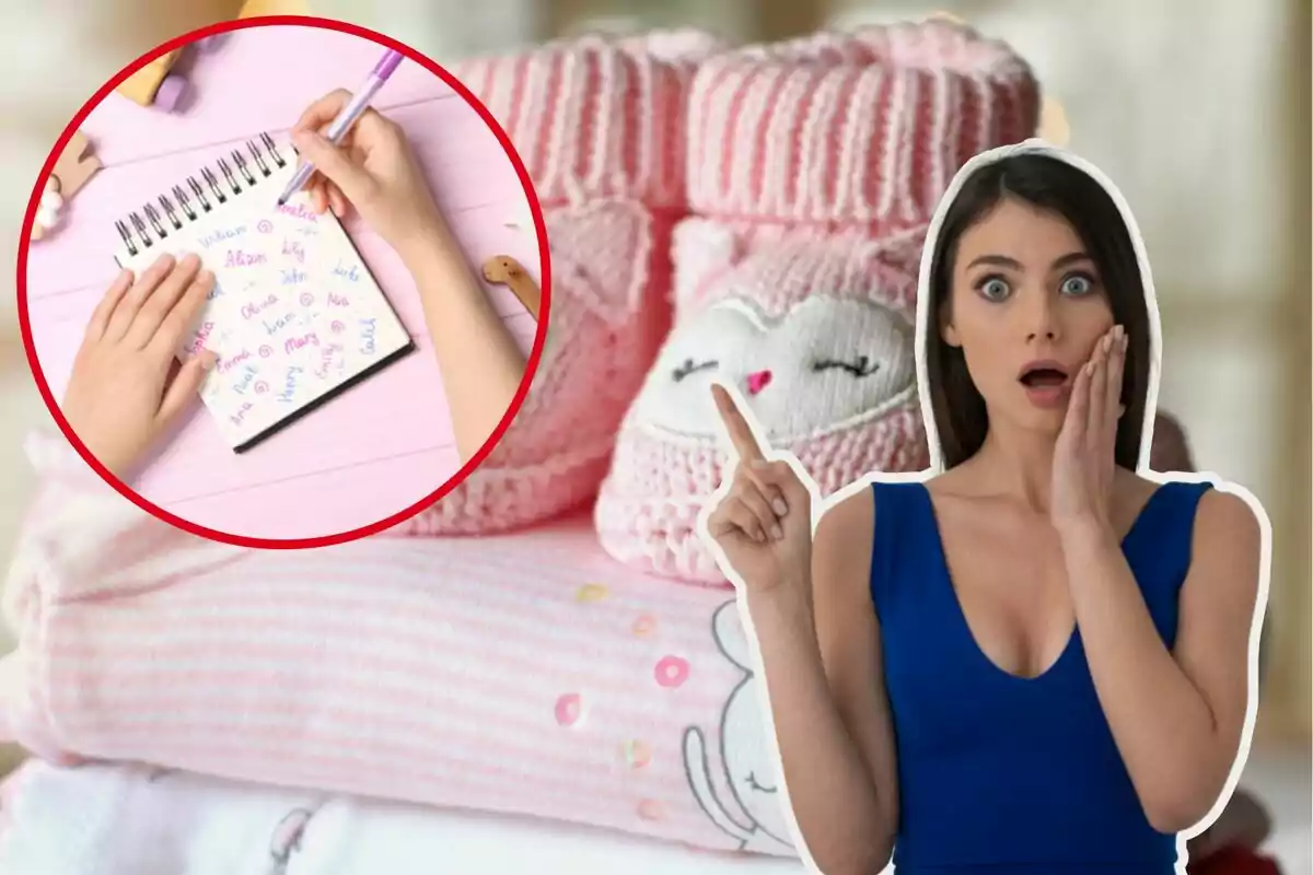 Una mujer sorprendida señala hacia un círculo rojo que contiene una imagen de manos escribiendo nombres en un cuaderno, con un fondo de ropa de bebé en tonos rosados.