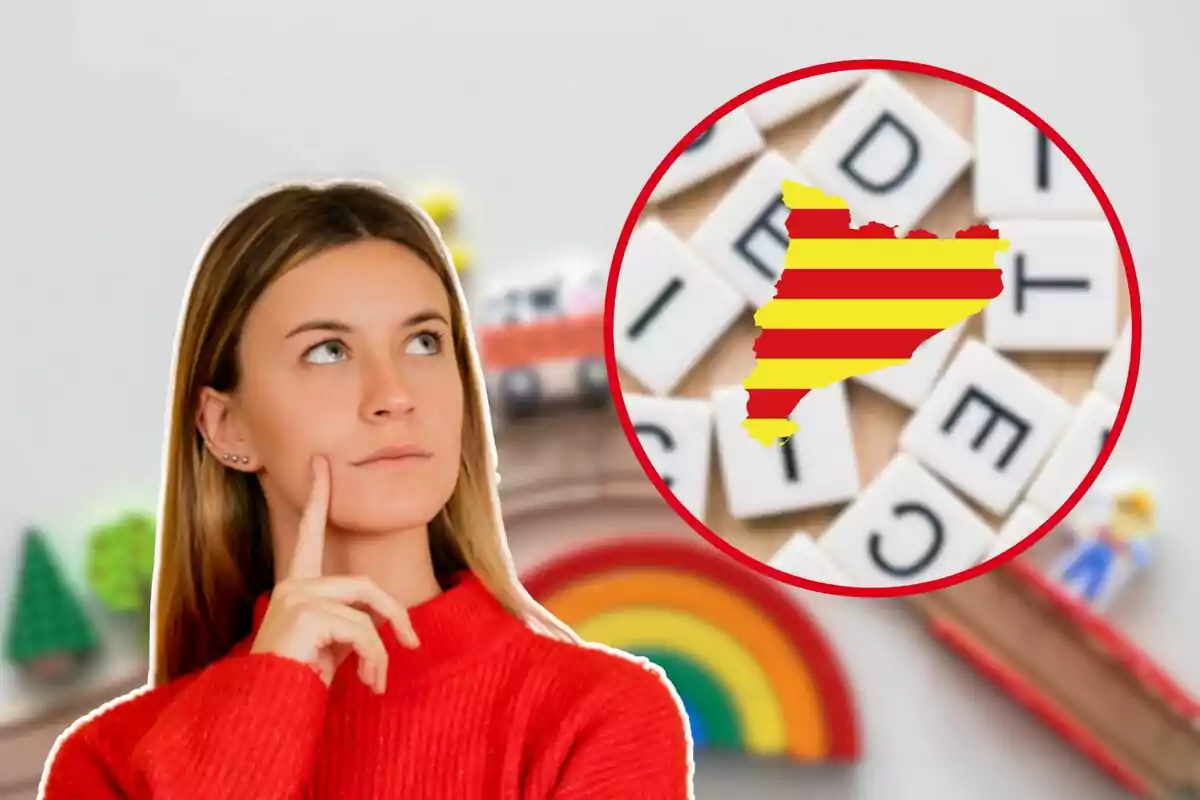 Mujer pensativa con un mapa de Cataluña en un círculo sobre un fondo de letras de Scrabble.