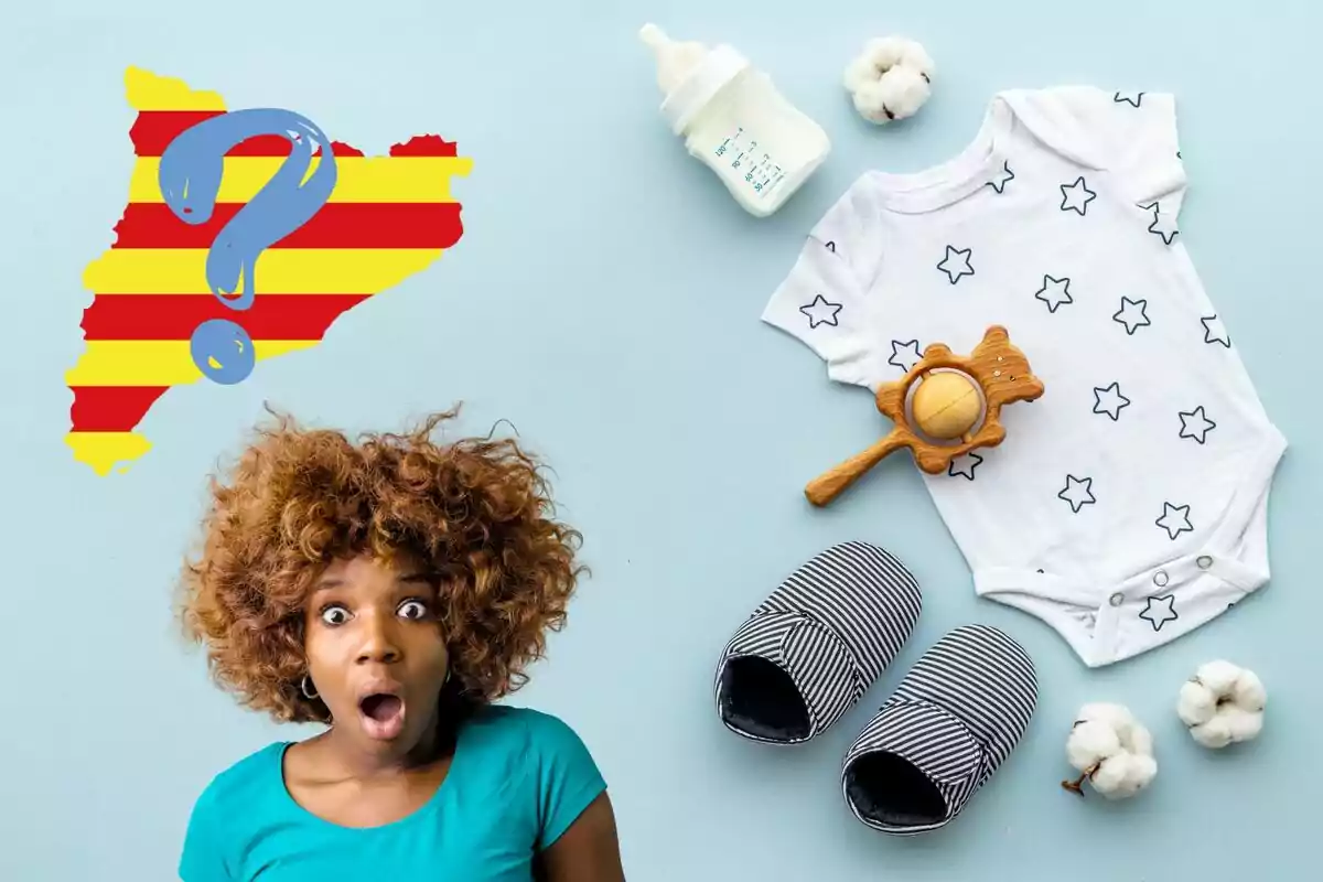 Ropa de bebé, chica sorprendida, icono Cataluña con interrogante encima