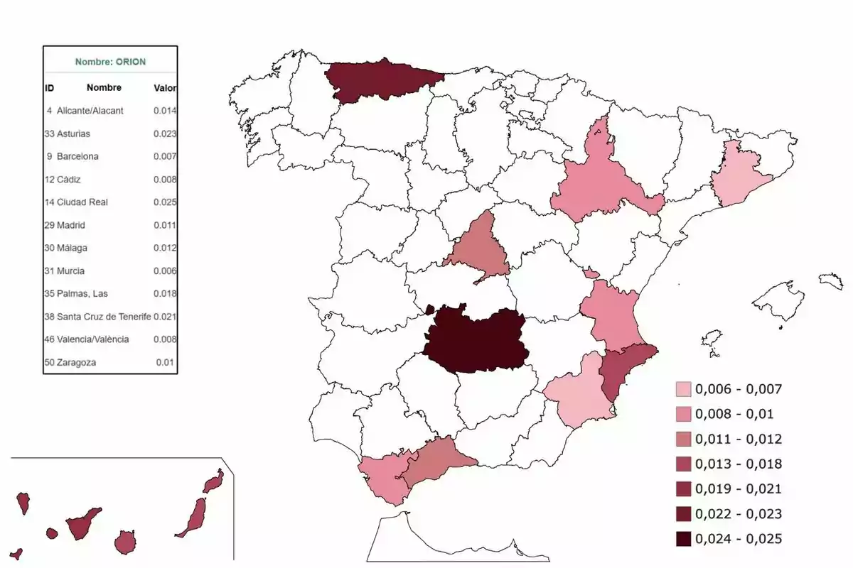 Mapa de España con provincias coloreadas según un rango de valores, acompañado de una leyenda que indica los intervalos de color y una tabla con nombres de provincias y sus respectivos valores. Mapa de España con provincias coloreadas según un rango de valores, acompañado de una leyenda que indica los intervalos de color y una tabla con nombres de provincias y sus respectivos valores.