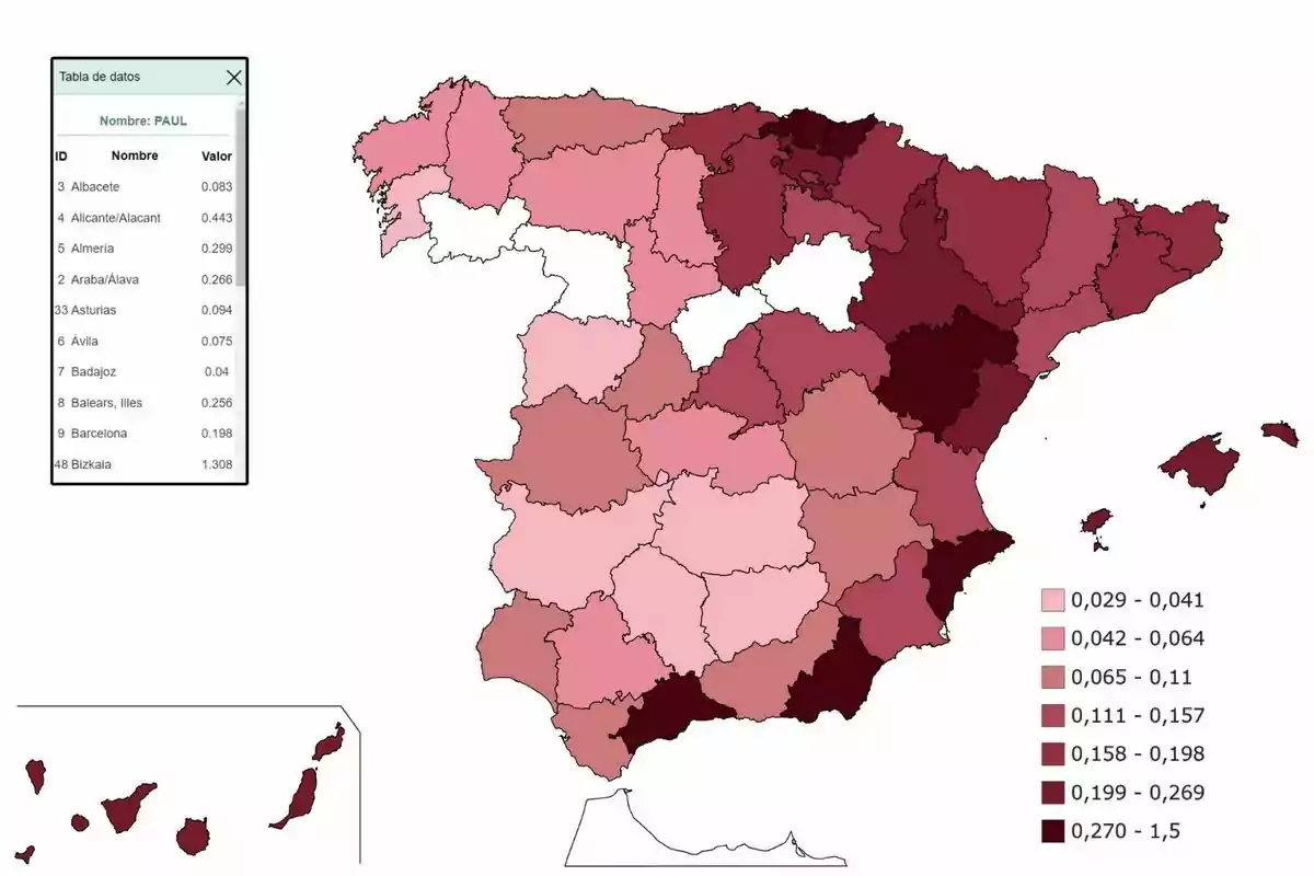 Mapa de España que muestra la distribución de un valor numérico por provincias, con una escala de colores que varía de rosa claro a rojo oscuro según el rango de valores, acompañado de una tabla de datos con nombres de provincias y sus respectivos valores. Mapa de España que muestra la distribución de un valor numérico por provincias, con una escala de colores que varía de rosa claro a rojo oscuro según el rango de valores, acompañado de una tabla de datos con nombres de provincias y sus respectivos valores.