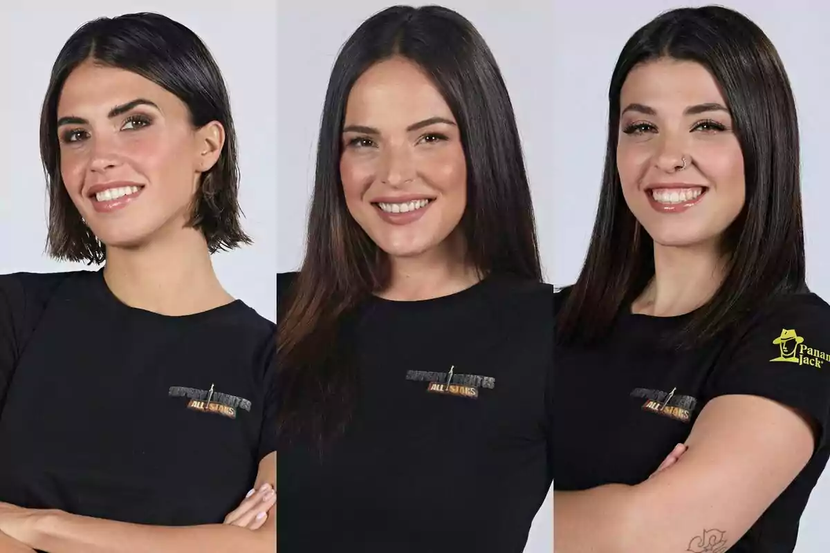 Montaje de Marta Peñate, Sofía Suescun y Lola Mencía con camisetas negras que tienen el logo de "Supervivientes All Stars".