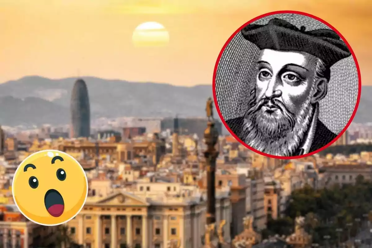 Ilustración de un hombre con barba y sombrero en un círculo rojo sobre una vista panorámica de una ciudad al atardecer con un emoji sorprendido en la esquina.