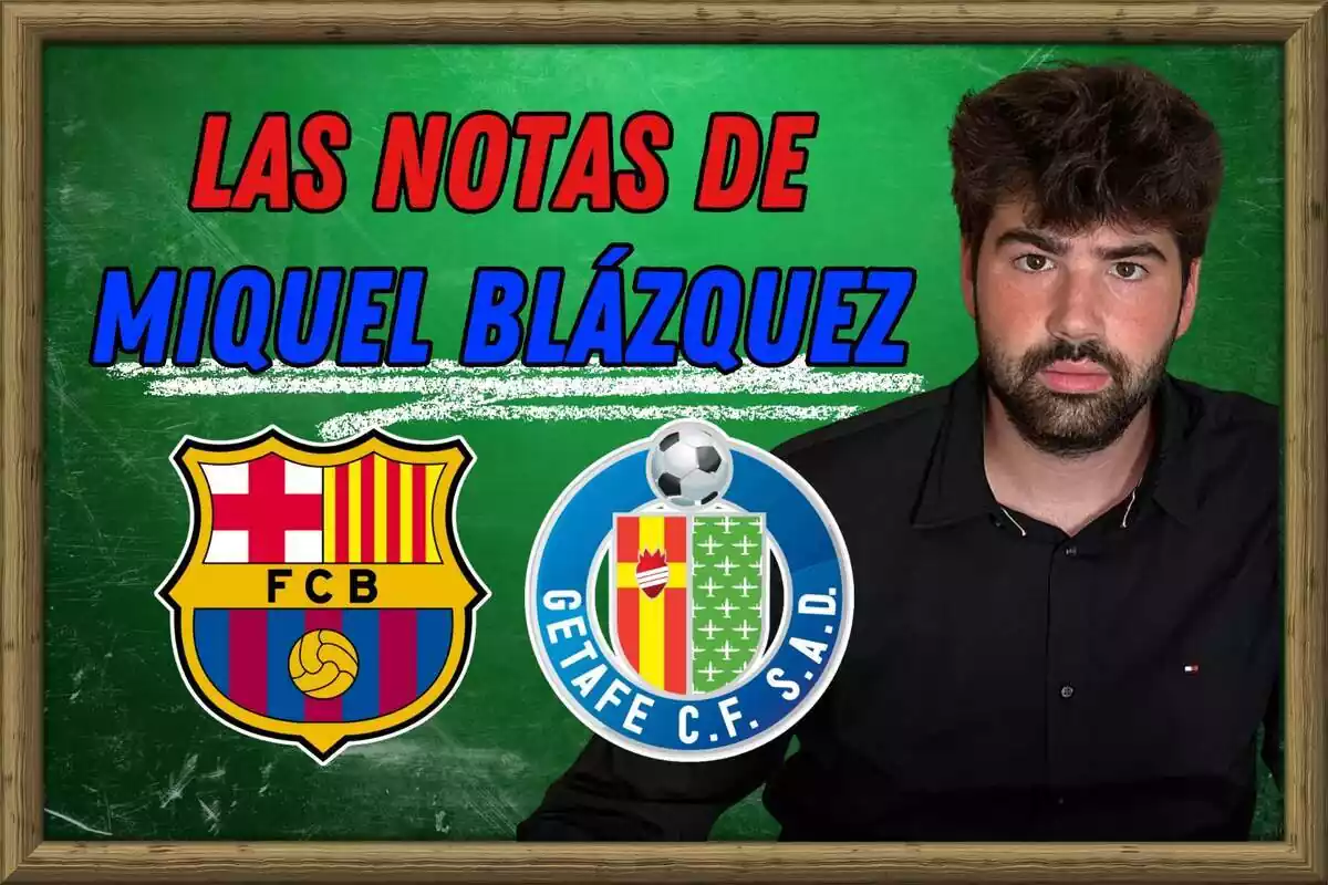 Montaje de Miquel Blázquez con los escudos del FC Barcelona y el Getafe delante de una pizarra