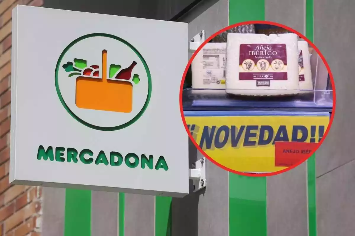 Montaje con un logo de una tienda Mercadona y un nuevo queso