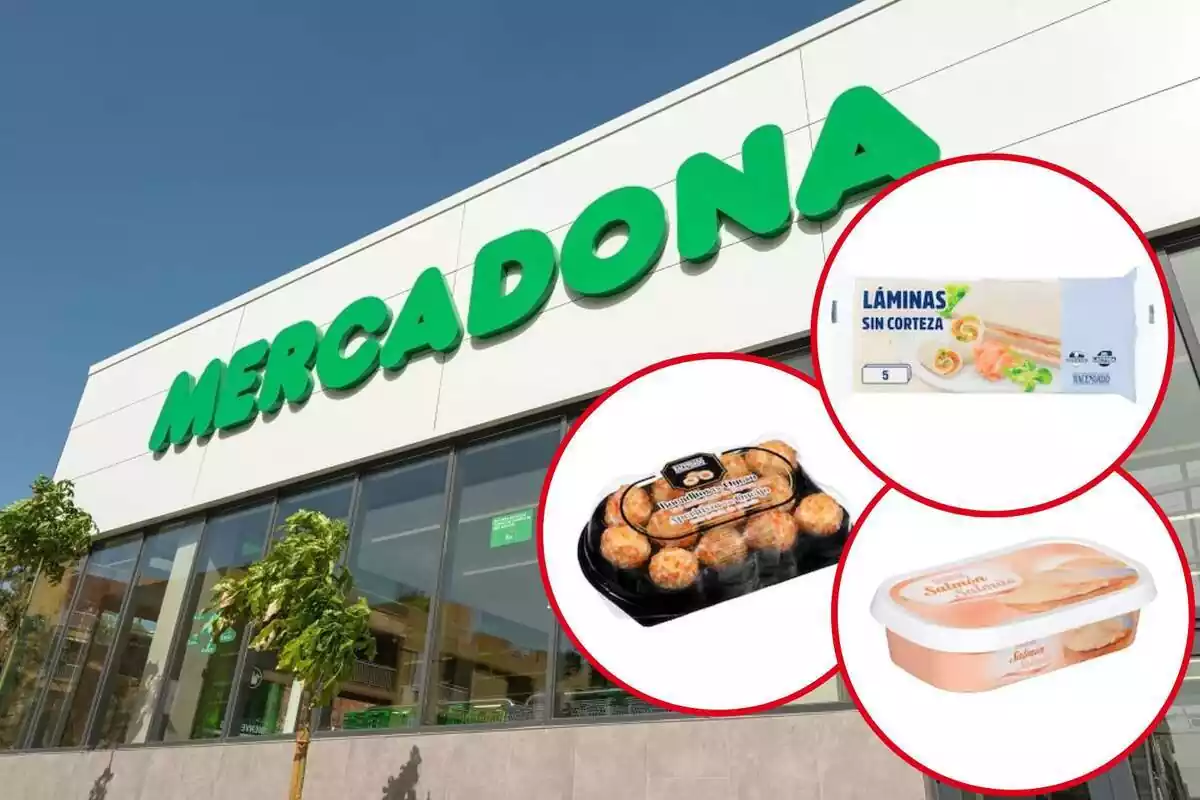 Montaje con fachada de un supermercado Mercadona y tres círculos en cada uno de los cuales se ve una novedad: láminas sin corteza, bocaditos de queso y queso de salmón