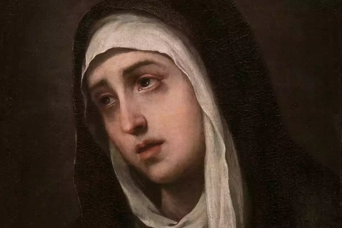 Retrato de una mujer con expresión melancólica, vestida con un velo blanco y una túnica oscura.