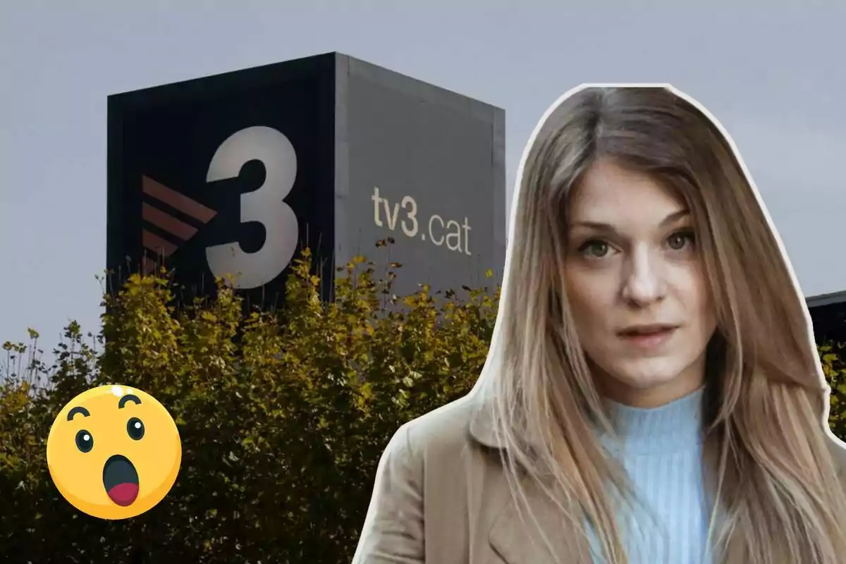 Una mujer con expresión sorprendida frente a un edificio con el logo de TV3 y la URL tv3.cat