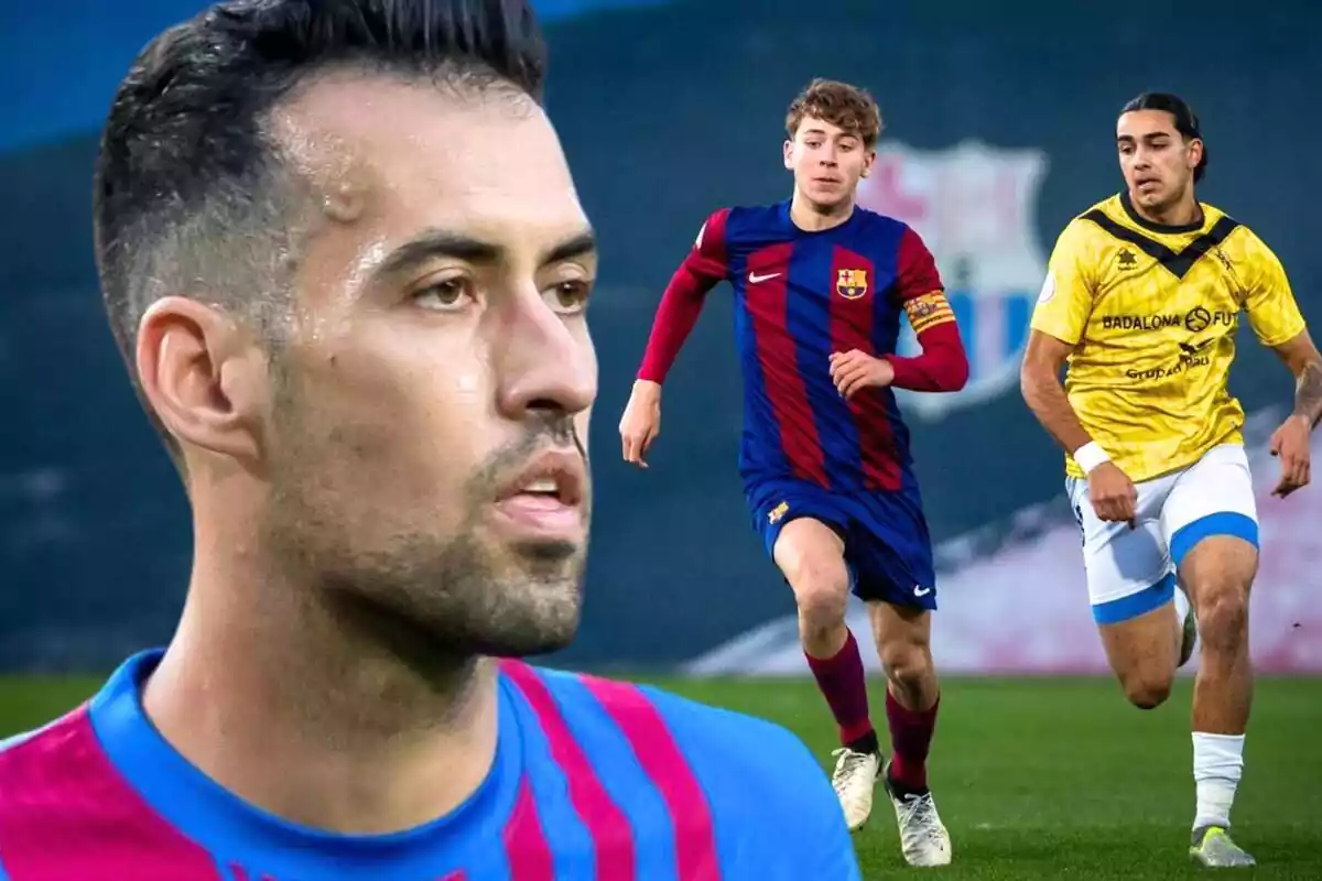 Sergio Busquets en primer plano junto a una foto de Pau Prim, futbolista del Barça.