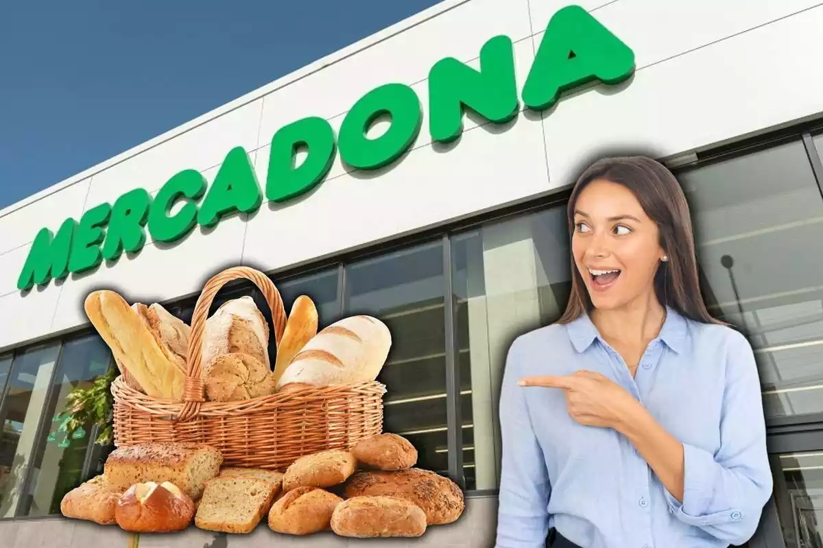 Mujer señala feliz pan de Mercadona
