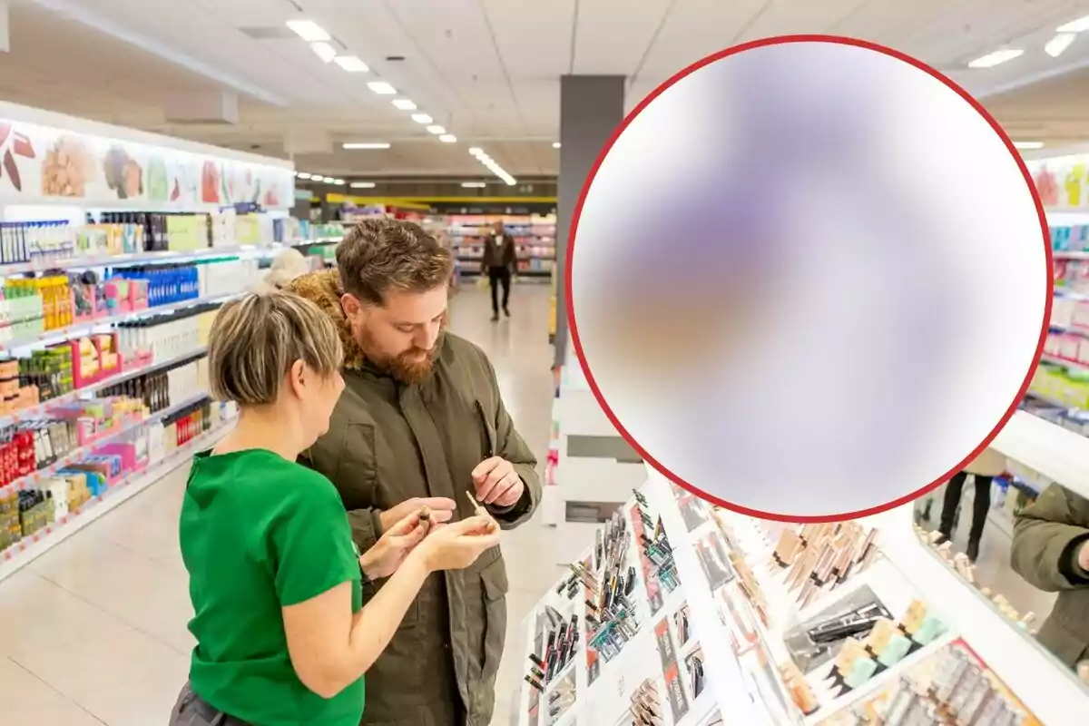 Dos personas están en una tienda, observando productos de maquillaje en un estante, mientras el fondo muestra estantes llenos de diversos artículos.