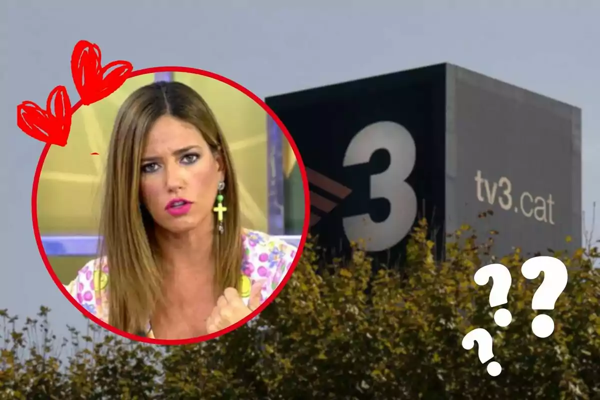 Una mujer con expresión seria dentro de un círculo rojo con corazones rojos dibujados, junto a un edificio con el logo de TV3 y el texto "tv3.cat", con signos de interrogación blancos en la esquina inferior derecha.