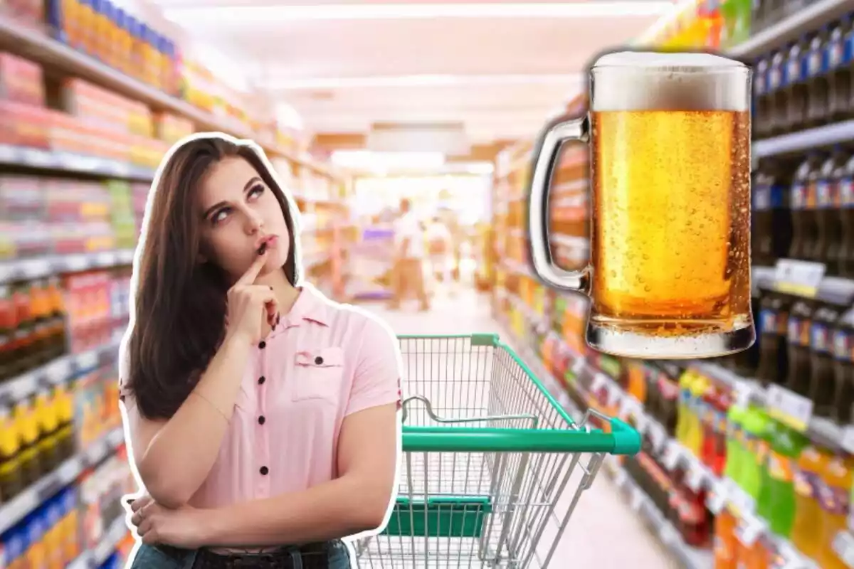 Mujer pensando en cerveza de supermercado