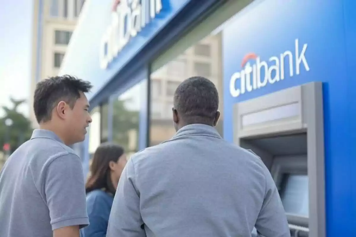 Personas usando un cajero automático de un banco. Personas usando un cajero automático de un banco.