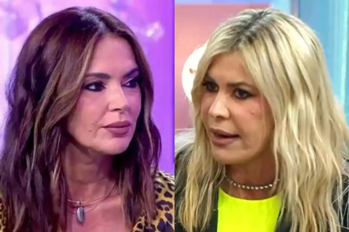 Dos mujeres con cabello largo, Olga Moreno con cabello castaño y Ana Luque rubio, están en el programa Fiesta, mirándose con expresiones serias.