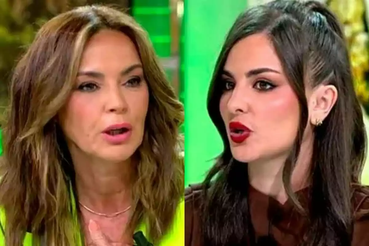 Olga Moreno y Alexia Rivas conversando en Fiesta con fondo verde.